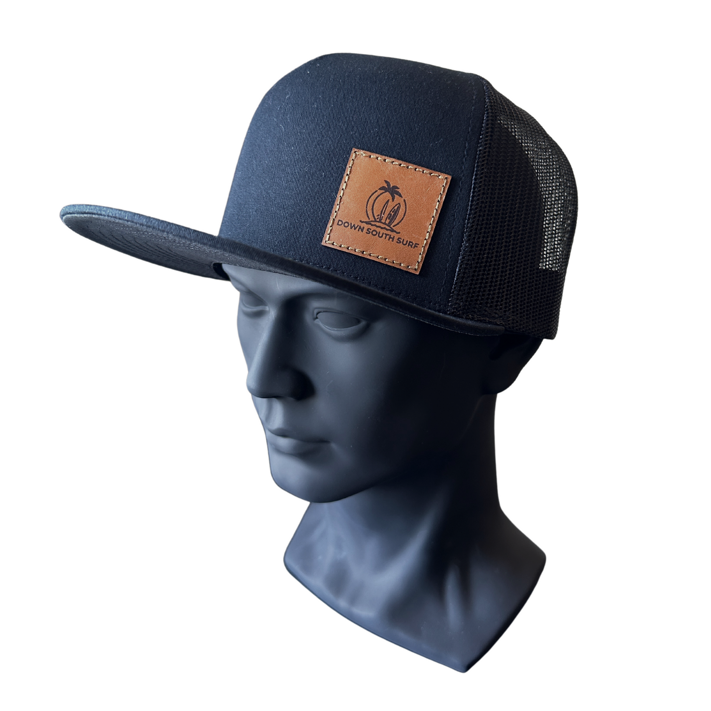 BLACK LEATHER PATCH TRUCKER CAP