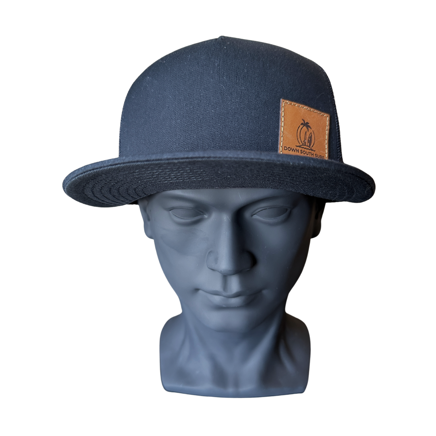 BLACK LEATHER PATCH TRUCKER CAP
