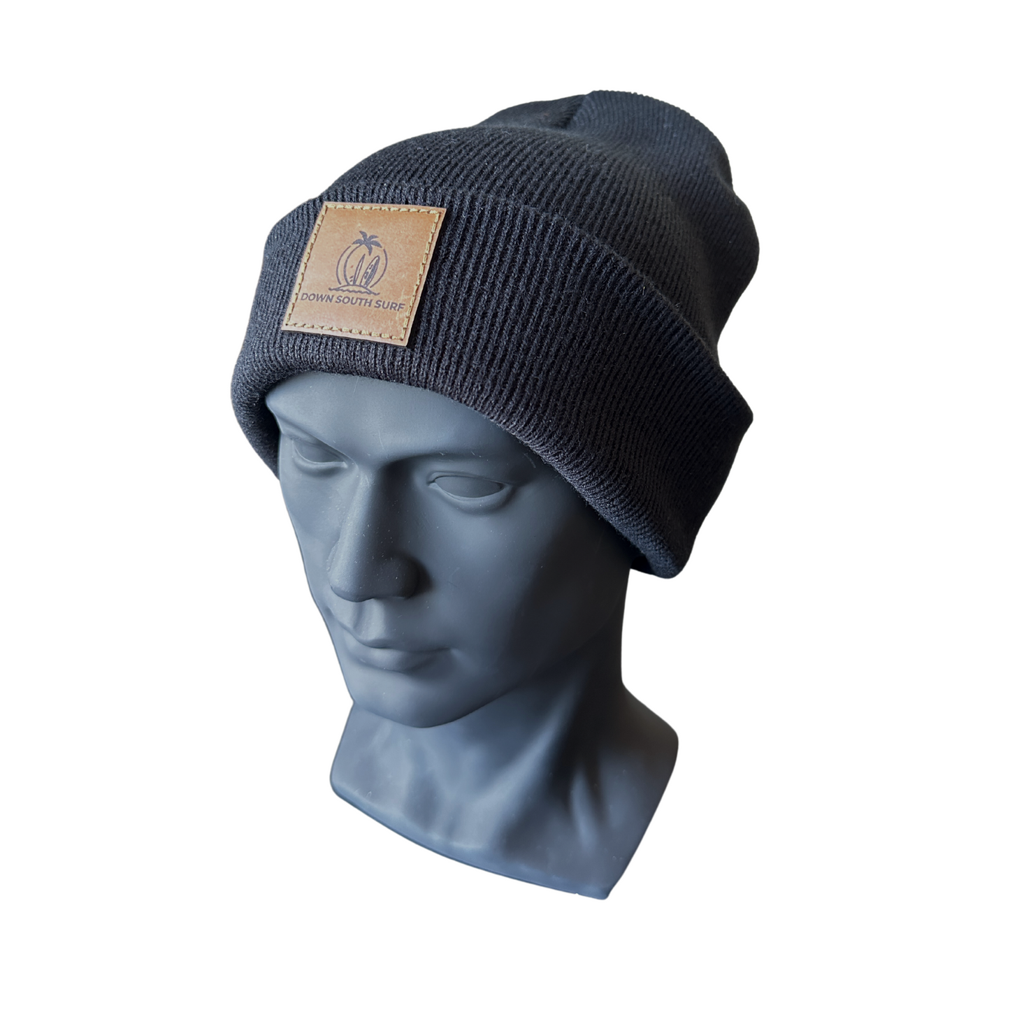 BLACK LINED OR UNLINED LEATHER PATCH BEANIE