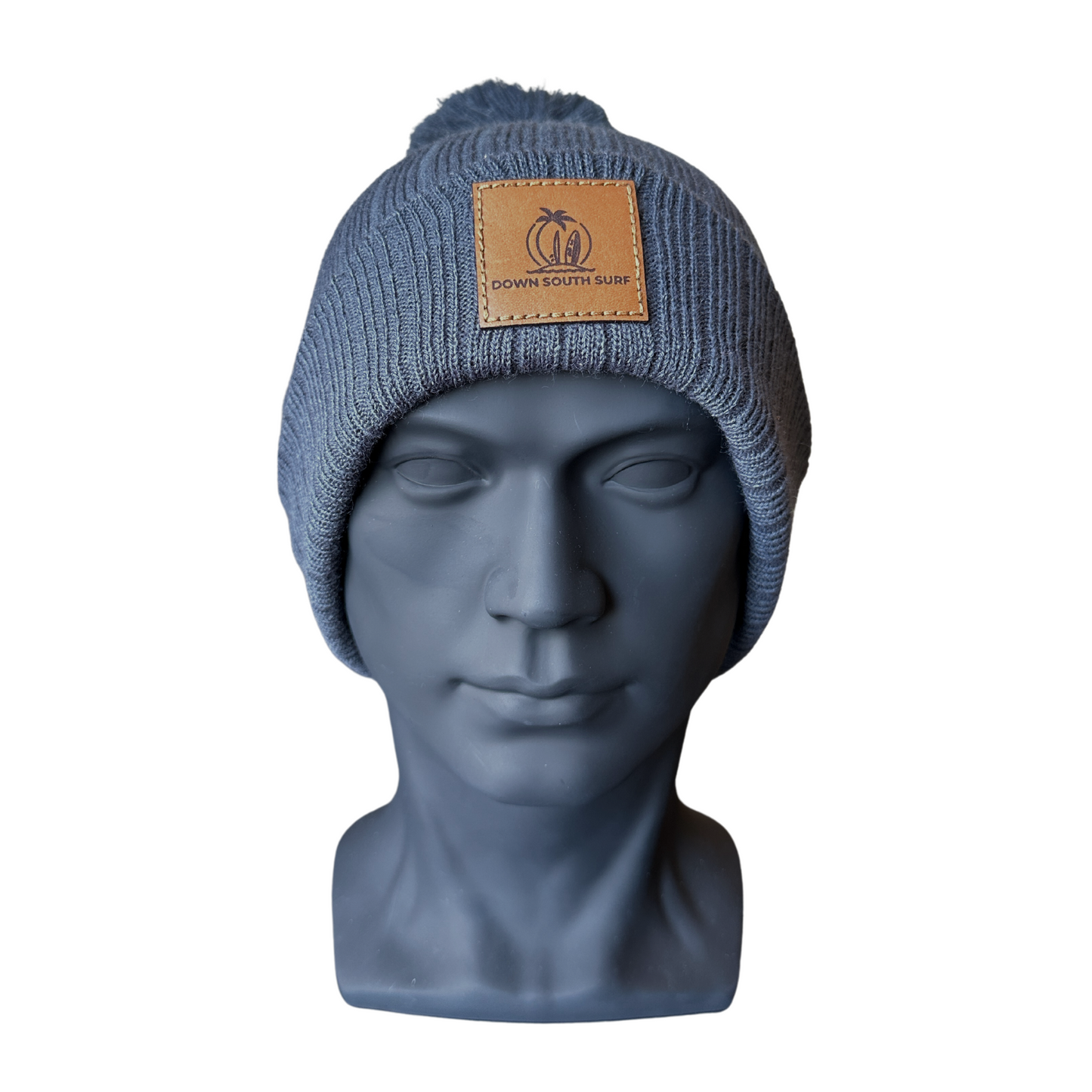 KNIT POM-POM LEATHER PATCH BEANIE