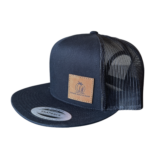 BLACK LEATHER PATCH TRUCKER CAP