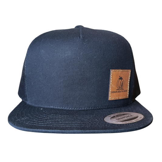 BLACK LEATHER PATCH TRUCKER CAP