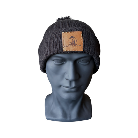 KNIT POM-POM LEATHER PATCH BEANIE