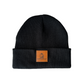 BLACK LINED OR UNLINED LEATHER PATCH BEANIE