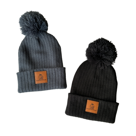 KNIT POM-POM LEATHER PATCH BEANIE
